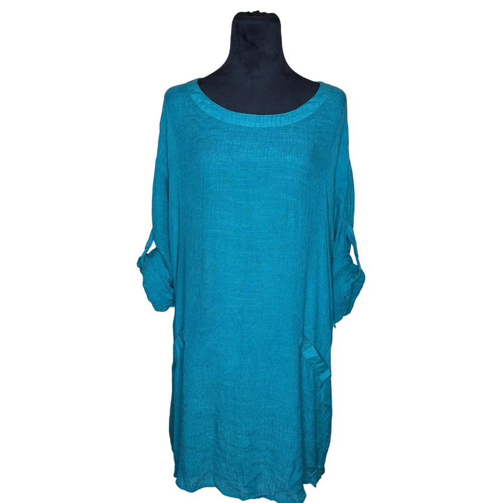 Umgee USA Teal Blue Gauze Roll Tab Sleeve Tunic Dress Pockets 1XL Coastal
